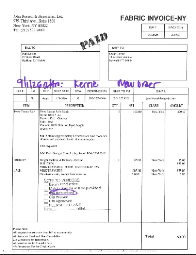Fabric invoice with handwritten order details and a circled request